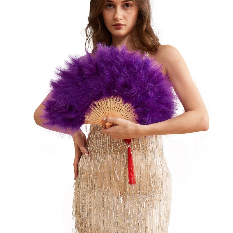 Happy Feather Handheld Marabou Feather Fan, 1920s Vintage Style Flapper Hand Fan for Costume Party and Dancing-purple - Image 1